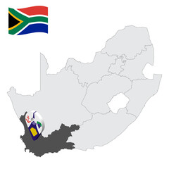 Location  Western Cape Province on map South Africa. 3d location sign similar to the flag of  province Western Cape. Quality map  with regions of South Africa for your design. EPS10.