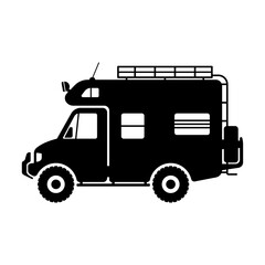 Motorhome icon. Off-road expedition camper. Black silhouette. Side view. Vector flat graphic illustration. The isolated object on a white background. Isolate.
