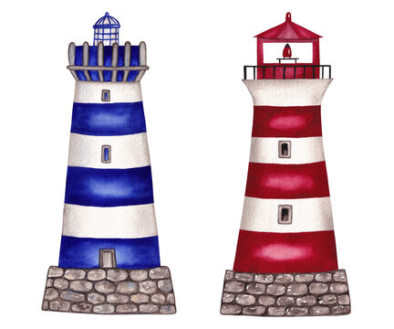 Set of stripped lighthouses. Isolated hand painted watercolor illustration on white background