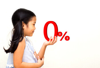 Asian child holding 0 percent number on hand on white background