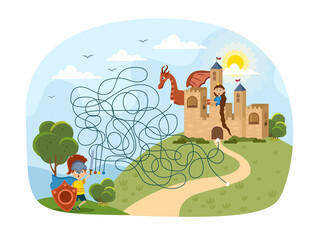 Kids puzzle with complicated maze leading to a castle on a hill with multiple paths and routes and Rapunzel waiting at the ramparts, colored cartoon vector illustration