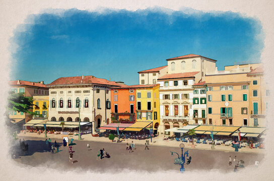 Watercolor drawing of Verona: Piazza Bra square in historical city centre with row of old colorful multicolored buildings