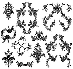 Set of 10 vector graphic motifs and elements, floral classic baroque or rococo style vintage ornaments in black and white colors.