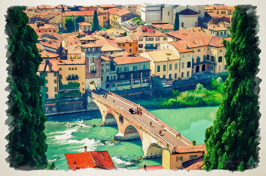 Watercolor drawing of The Ponte Pietra Stone Bridge, Pons Marmoreus, Roman arch bridge across Adige River, buildings with red tiled roofs in Verona historical city centre