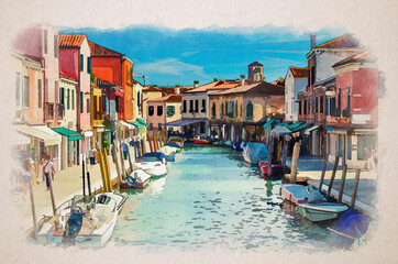 Watercolor drawing of Murano islands with water canal, boats and motor boats, colorful traditional buildings, Venetian Lagoon, Italy