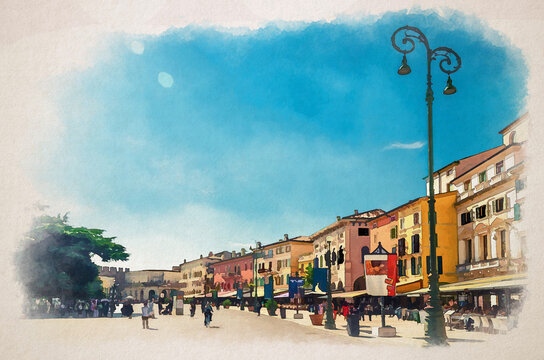 Watercolor drawing of Verona: Piazza Bra square in historical city centre with row of old colorful multicolored buildings