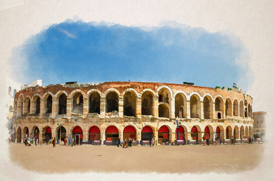 Watercolor drawing of Verona Arena in Piazza Bra square. Roman amphitheatre Arena di Verona ancient building