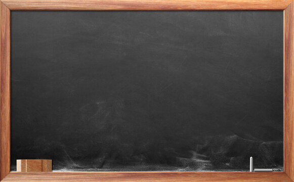 Blank chalkboard with chalk and blackboard eraser.
