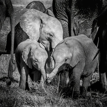 Black and white image of an African elephant family in Amboseli National Park, Kenya.