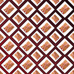 Gift box with hearts on red and white gradient background, pattern decoration, copy space for text, wallpaper, greeting card, template, isolated