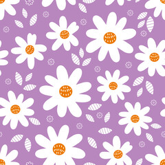 Seamless pattern with daisy flower and leaves on purple background vector illustration. Cute hand drawn floral print.