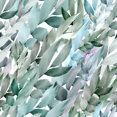 Floral seamless pattern. Endless interlacing of green twigs with leaves. Diagonal pattern. Cool shades of green, highlights of blue and pearlescent.