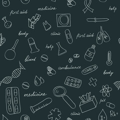 Vector seamless doodle linear image illustration on medical and wellness theme. Isolate for the design of any themes, banners, creatives and wallpapers.