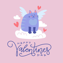 Obraz na płótnie Canvas Valentine's Day greeting card or banner. Cupid blue winged Cat sitting on the Cloud with hearts. Flat vector illustration with lettering text.