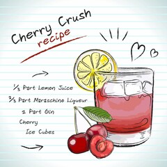 Cherry Crush cocktail, vector sketch hand drawn illustration, fresh summer alcoholic drink with recipe and fruits	
