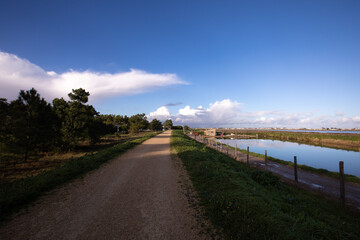 Panoramic view over the wetland, mouth of the Lay river, and the port of l'Aiguillon sur Mer from the dike in la Faute sur Mer, Vendee, France