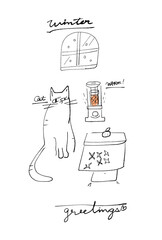 猫とこたつとストーブの線画イラスト