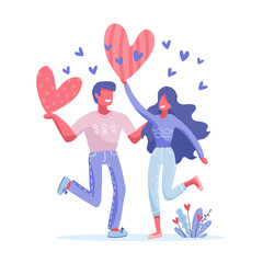 Fototapeta na wymiar Happy Valentine's day concept with couple characters. People falling in love holding big heart above their heads. Flat vector illustration for poster, card, web banner or landing page.