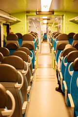interior of a train. Empty tram in Germany. Empty train with blue seats