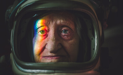 Cinematic portrait of an old astronaut coming back home