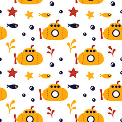Fototapeta na wymiar Seamless vector pattern with yellow submarine. Pefect for children textiles of wallpaper. 