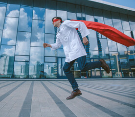 medic superhero hurries to the sick city resident.
