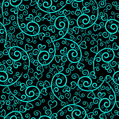 Decorative turquoise floral swirls and hearts on black background. Seamless lovely doodle pattern. Suitable for wrapping paper, textile, packaging.