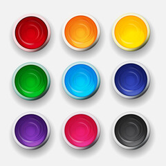 Tins with gouache, acrylic paint collection set in rainbow colours. Design elements for art background. Vector Illustration EPS10