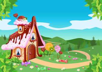 Obraz na płótnie Canvas Sweet little house with chocolate, waffles and cookies decorated with candy in the forest. Fabulous vector illustration background.