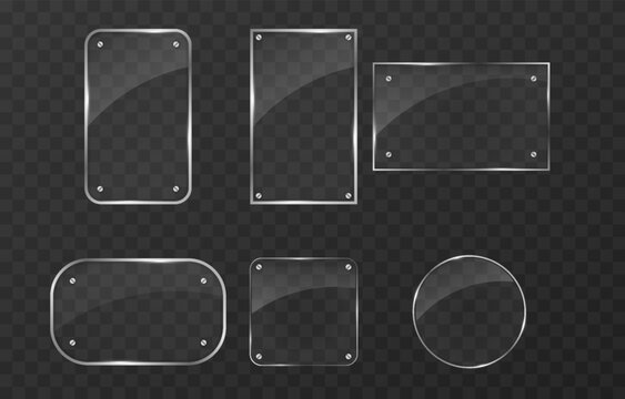 Vector set of glasses. Transparent effect, window, mirror. Reflection, glare. PNG glass. PNG window. Glass frame, glass surface.