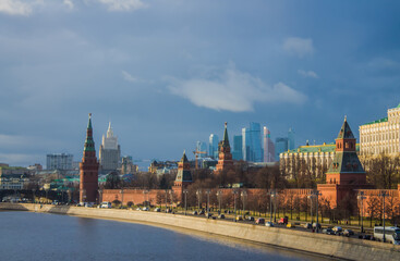 Kremlin and Moskva river embankment in sunlight