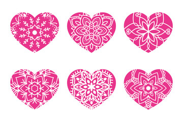 Hearts with different ornaments, silhouette