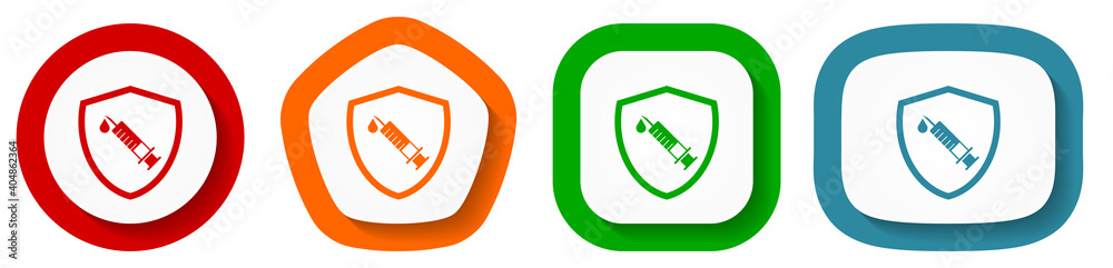 Aufkleber vaccine shield concept vector icon set, flat design buttons on white background