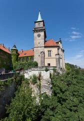 Fototapeta na wymiar The tower of Hruba Skala Castle surrounded by Czech Paradise Park , Czech Republic