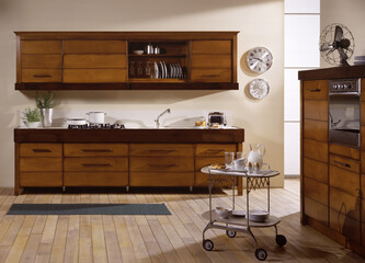 Single shot photo of a room with a wooden kitchen