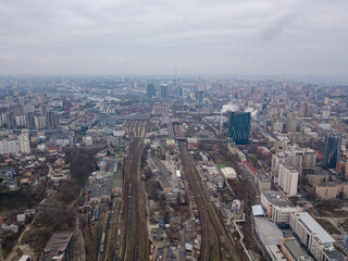 Fototapeta na wymiar Aerial drone view. Railway in Kiev.