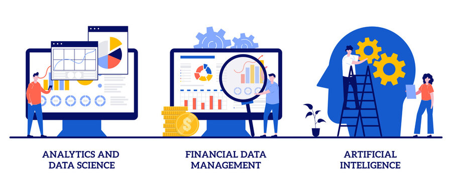 Analytics and data science, financial data management, artificial intelligence concept with tiny people. Risk management abstract vector illustration set. Machine learning, dashboard metaphor