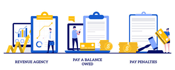 Obraz na płótnie Canvas Revenue agency, pay a balance owed, pay penalties concept with tiny people. Fine and surcharge repayment abstract vector illustration set. Tax office visiting, debt paying metaphors