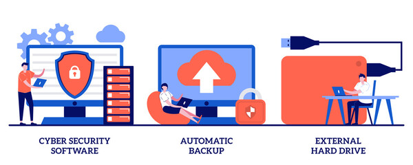 Cyber security software, automatic backup, external hard drive concept with tiny people. Data protection, recovery abstract vector illustration set. Mobile phone synchronization, storage HDD metaphor