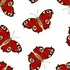 Red butterflies on a white background. Seamless pattern with flying beautiful insects. Vector cartoon flat illustration.