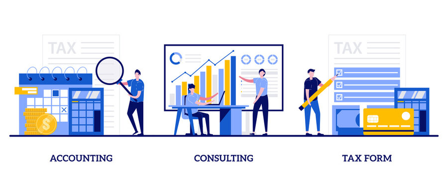 Accounting, Consulting, Tax Form Concept With Tiny People. Financial Information Abstract Vector Illustration Set. Tax Filing, Audit Service, Online Application Software, Business Strategy Metaphor