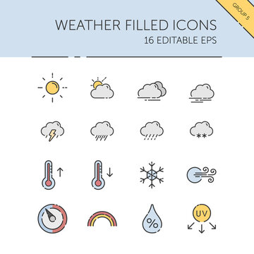 Weather And Meteorology. Sun, Clouds, Temperature And Pressure Group. Isolated Color Icon Set. Filled Vector Illustration