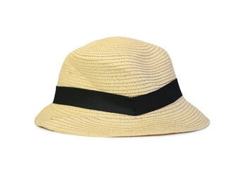 Straw hat with black ribbon isolated on white background with clipping path