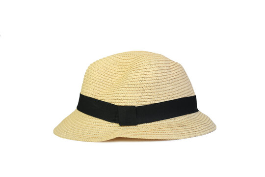 Straw hat with black ribbon isolated on white background with clipping path