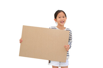 Smiling asian little girl holding empty brown big board for media banner isolated on white...