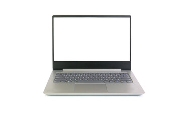 Laptop with blank white screen isolated on white background. Notebook computer with empty space. Front view with clipping path