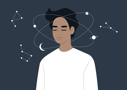 Young dreamy male character imagining the universe spinning around their head, calm mind and meditation, esoteric knowledge
