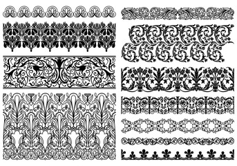 Set of 10 repeatable vintage vector borders, floral ornate classic baroque, rococo or victorian style lace ornaments in monochrome black and white colors.