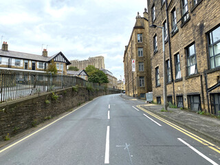 Looking up, Grattan Road, in the centre of, Bradford, Yorkshire, UK