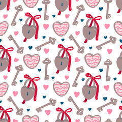 Vector hand drawn vintage seamless pattern with keys, padlocks and hearts for Valentine's day or wedding on white. Great for fabrics, wrapping papers, wallpapers, covers. Pink, red and brown colors.